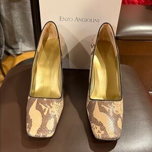 Enzo Angiolini Tan and Brown Snake Print Heels